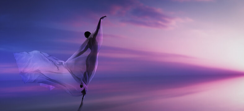 Graceful ballerina silhouette in flowing translucent fabric at pastel horizon. Concept of ballet art, dreamy visuals, poster backgrounds, stage promo and elegant movement.