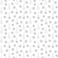 Winter pattern with hand drawn snowflakes and Christmas decorations, balls. Black and white doodle cute seamless background in vector. For fabrics, wrapping paper, packaging design and more.