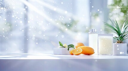 A still life composition featuring oranges, a plant, and containers on a table in front of a window. The scene is bathed in soft sunlight, creating a bright and