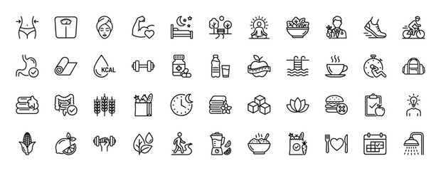 Healthy lifestyle and wellness line icon set. Vector pictograms of diet, fitness, exercise, and sleep, thin linear illustration.