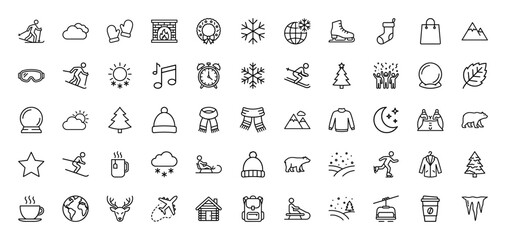 Winter and christmas line icon set. Vector pictograms of snowflake, snowman, deer, skiing, and snow globe, thin linear illustration.