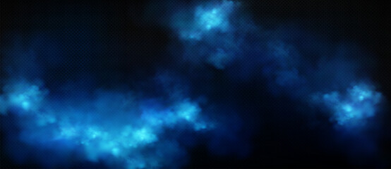 Vector realistic background with blue-blue smoke clouds on a dark transparent background. 