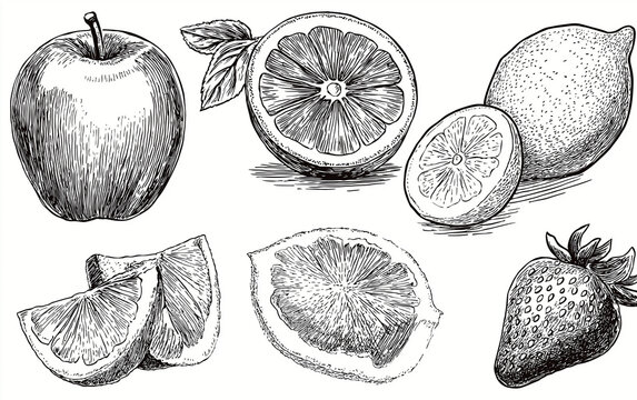 set of hand-drawn fruits, including an apple, orange, lemon, and strawberry, vector illustrations