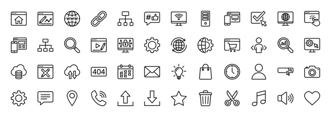 Web and interface line icon set. Vector pictograms of settings, cloud computing, shopping cart, and search functionality, thin linear illustration.