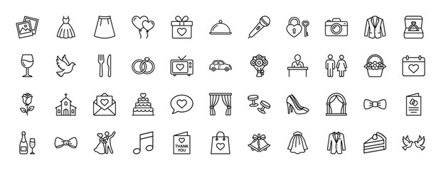 Wedding line icon set. Vector pictograms of rings, dress, cake, and church, thin linear illustration.
