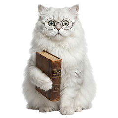Funny cute cat with glasses holding book. Smart professor character isolated for education posters,  school use, book club graphics and social media designs.