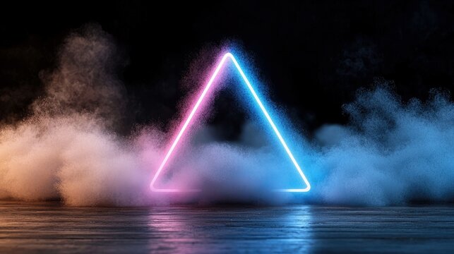 A glowing neon triangle is surrounded by wisps of smoke in a dark room. The lighting creates a moody and futuristic atmosphere. - Powered by Adobe