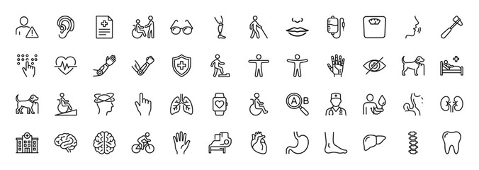 Healthcare and disability line icon set. vector pictograms of medical records, heart rate, anatomy, and human conditions, thin linear illustration.