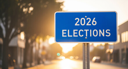 Blue road sign displaying "2026 Elections" on a blurred street at sunset, symbolizing upcoming political events and democratic processes