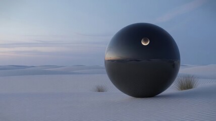 Abstract dark egg shaped object on a sandy landscape at dusk