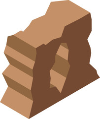 Brown rock formation with hole creating a natural arch, in isometric view, isolated on white background