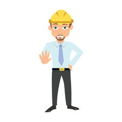 Cartoon construction worker or safety officer holding up a hand in a stop signal. Warning and prohibition concept
