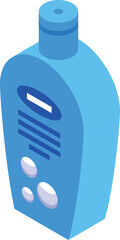 Isometric projection of a blue plastic cosmetic bottle promoting hygiene and self care