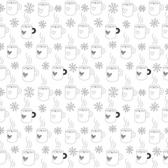 Cozy morning in winter pattern with mugs of tea, or coffee, and snowflakes. Outline black and white hand drawn illustration. Seamless background in vector for fabrics, printing, packaging, web design.