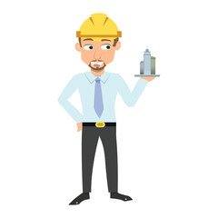 Cartoon engineer or architect holding a small skyscraper model on a tray. Real estate and construction project concept