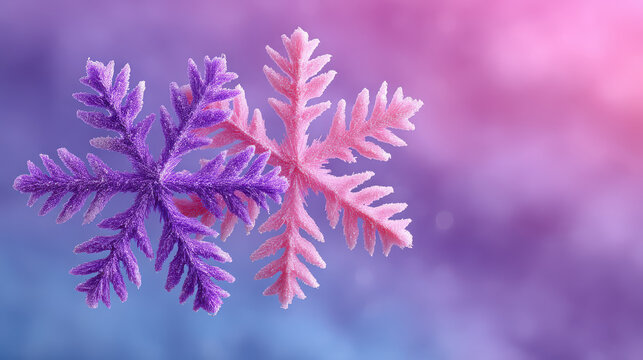 Pastel purple and pink snowflake decorations create soft Christmas theme background with gentle and festive atmosphere