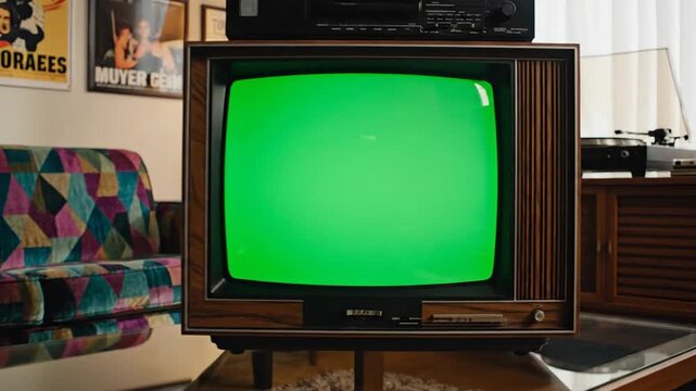 Retro Living Room Interior with Colorful Geometric Sofa, Vintage Decor, and Green Screen TV