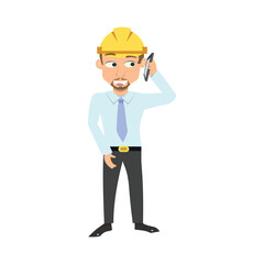 Cartoon architect or construction manager wearing a yellow hard hat and tie, talking on a smartphone. Business communication concept