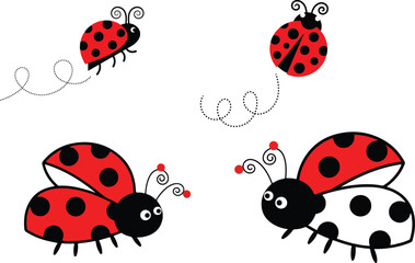 Fototapeta premium Cute cartoon ladybugs flying on white background illustration