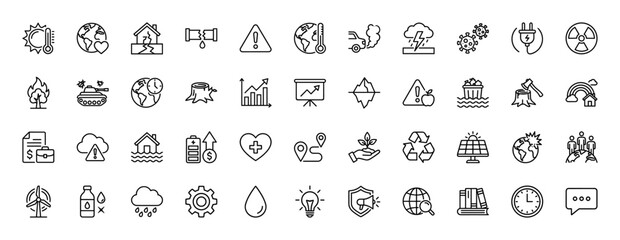 Environmental, climate change, and sustainability line icon set. Vector pictograms of pollution, global warming, deforestation, and renewable energy, thin linear illustration.