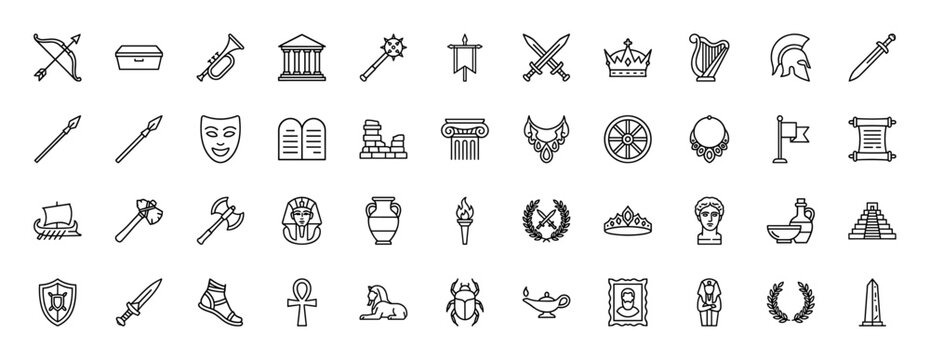 History and mythology line icon set. Vector pictograms of crown, sword, sphinx, pyramid, scroll, and helmet, thin linear illustration.