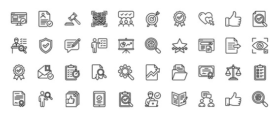 Fototapeta premium Quality assurance and business verification line icon set. Vector pictograms of document, check, certificate, review, and legal, thin linear illustration.