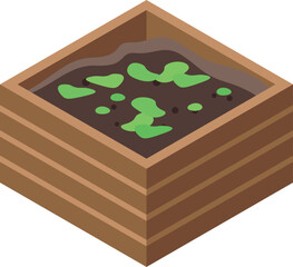 Small green sprouts growing in a wooden planter box filled with dark soil, viewed from an isometric perspective