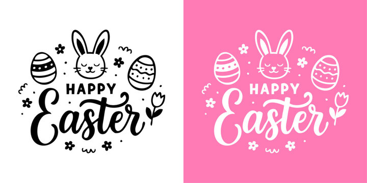 Mensaje Happy Easter con cabeza de conejo, huevos decorados y flores