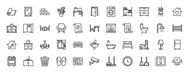 Obraz premium Home interior and repair outline icon set. Vector pictograms of furniture, appliances, and housekeeping tools, thin linear illustration.