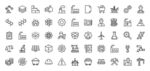 Fototapeta premium Industrial, manufacturing and engineering line icon set. Vector pictograms of factory, worker, robot, oil, energy, construction and logistics, thin linear illustration.