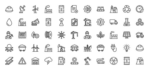 Fototapeta premium Industrial and energy line icon set. Vector pictograms of factory, oil barrel, wind turbine, power plant, and mining equipment, thin linear illustration.