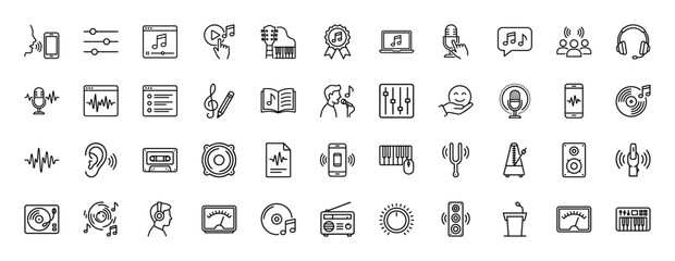 Fototapeta premium Audio and music technology line icon set. Vector pictograms of microphone, speaker, equalizer, piano, and headphones, thin linear illustration.