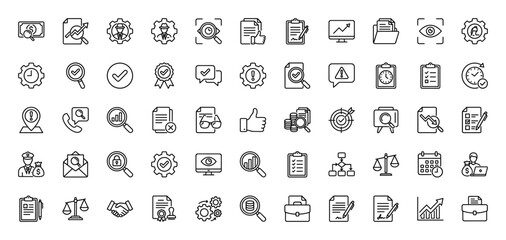 Fototapeta premium Business line icon set. Vector pictograms of analysis, magnifying glass, document, finance, time, and law, thin linear illustration.