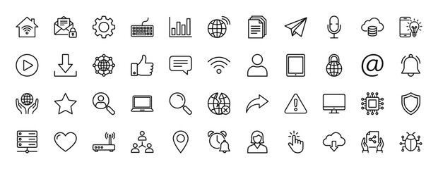 Fototapeta premium Technology and communication line icon set. Vector pictograms of networking, data, security, device, and web elements, thin linear illustration.