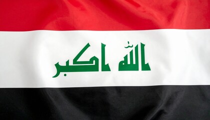 Iraqi flag with horizontal red, white, and black stripes and green Kufic script reading "Allahu Akbar" on fabric texture.