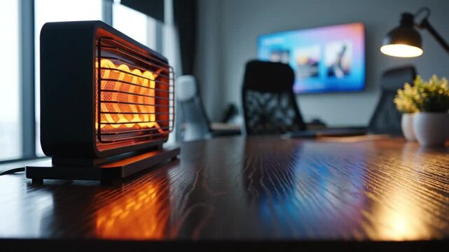 Warm electric heater on a wooden office desk with a lamp and computer monitor in the background.