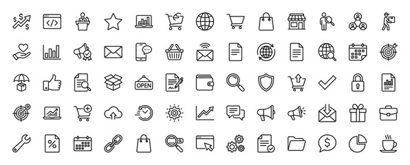 Business and e-commerce line icon set. Vector pictograms of shopping carts, charts, mail, settings, and finance, thin linear illustration.