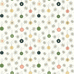 Winter pattern with hand drawn snowflakes and Christmas decorations, balls. Pink green white colored cute seamless background in vector. For fabrics, wrapping paper, packaging design and more.