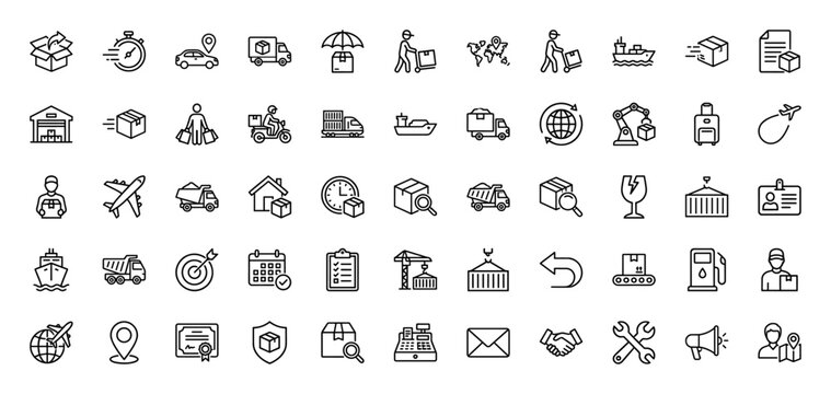 Logistics and delivery line icon set. Vector pictograms of truck, car, plane, ship, package, and warehouse, thin linear illustration.