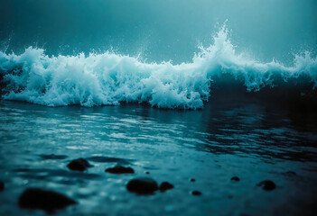 a close-up of a wave crashing onto the shore of a body of water. The wave is white and foamy, with small waves crashing against the shore. The water is dark and murky