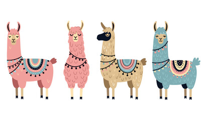 Fototapeta premium Colorful illustrated llama characters with decorative blankets in various styles