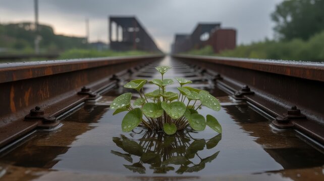 Plant growing between abandoned railroad tracks with reflection in water