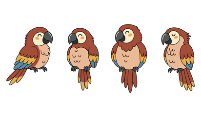 Obraz premium Cartoon parrots in various poses with colorful feathers on white background