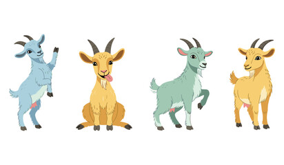 Cute cartoon goats with different expressions and colors on white background