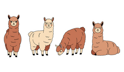Fototapeta premium Colorful cartoon llamas in various poses on white background