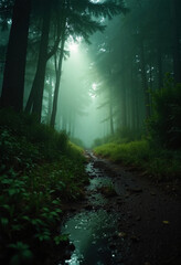 Obraz premium a dark and eerie scene of a dense forest. The trees are tall and slender, with their trunks reaching up towards the sky. The leaves of the trees are a mix of green and brown,