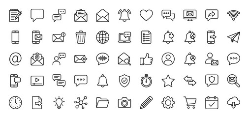 Fototapeta premium Digital communication line icon set. Vector pictograms of envelope, speech bubble, notification bell, smartphone, and network symbols, thin linear illustration.