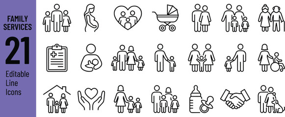 Modern editable family services line icon set featuring parenting, childcare, support, community care, family assistance, maternity, and multigenerational relationships.