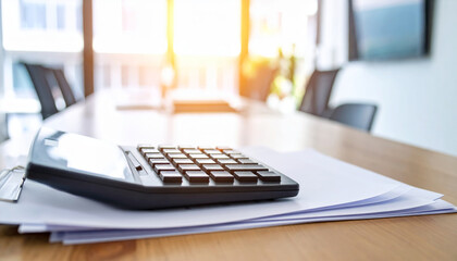 Tax season finance business money accounting budget economy financial planning office scene with calculator documents conveying focused