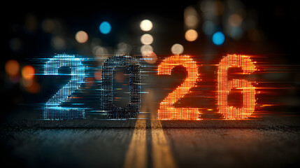 Digital timeline showcasing the year 2026 with vibrant blue and orange light effects